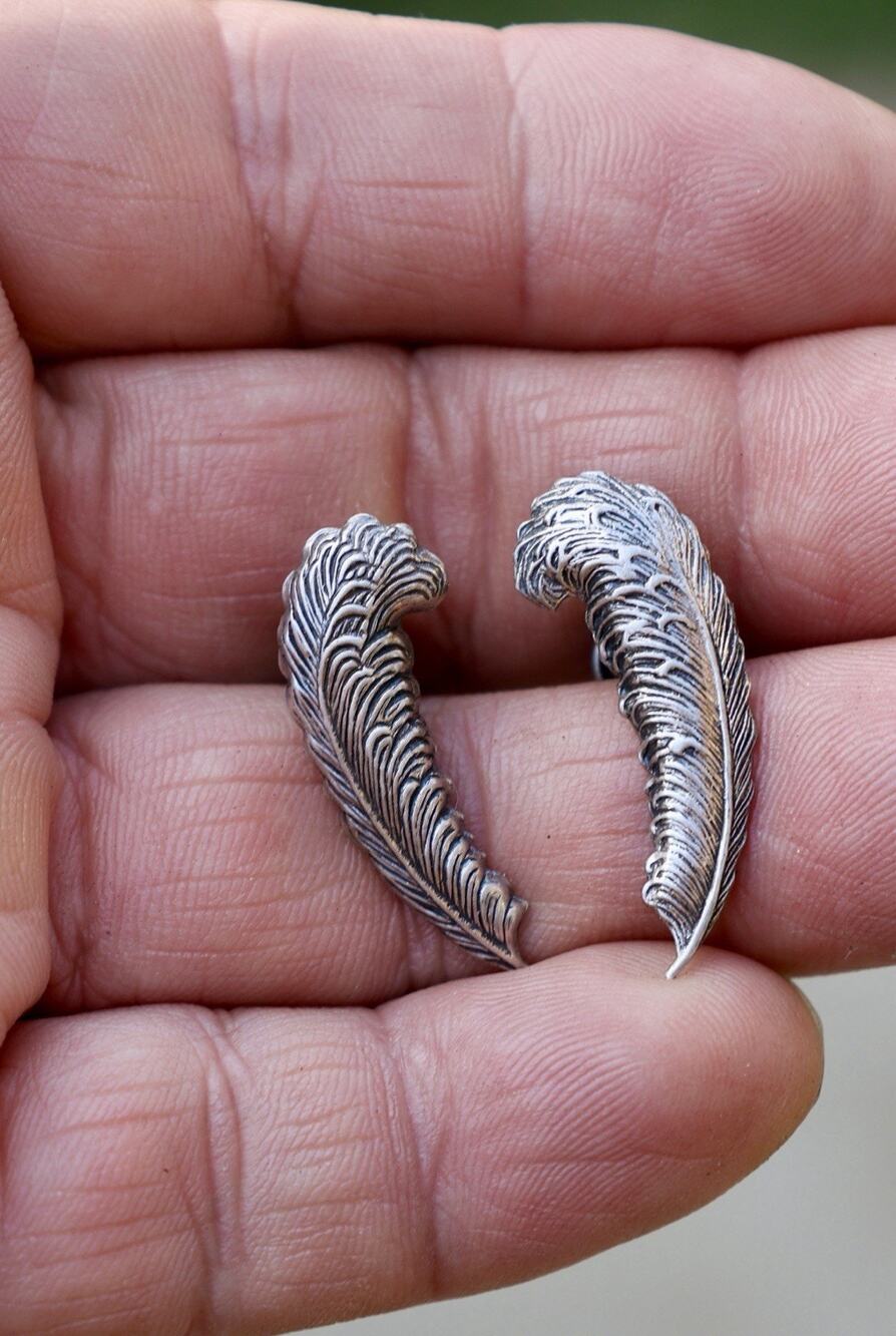 Sterling Silver Feather Earrings Vintage Carved Wing Design Pierced Studs